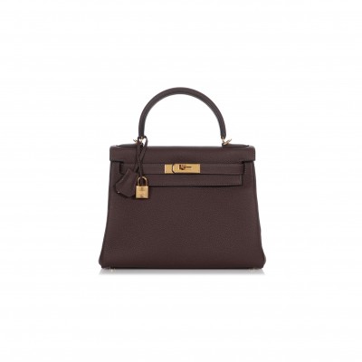 HERMÈS CHOCOLATE TOGO KELLY 28 RETOURNE GOLD HARDWARE (28*22*10cm) 